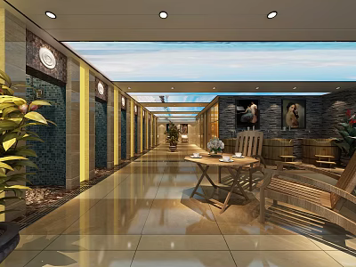 SPA Sauna Interior Corridor With Wooden Furniture Plants Decorative Paintings And Stone Walls 3d model
