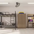 Cozy Dorm Room Interior With Bunk Bed Wardrobe Desk Bookshelf Fan And Light Tube