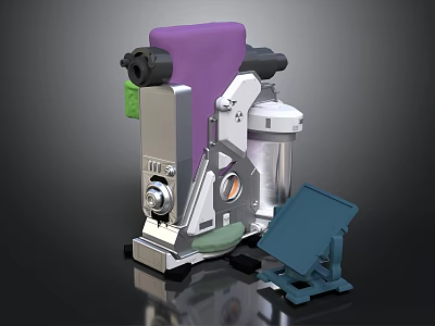 Mechanical Device Featuring Purple Section Silver Components Green Button And Blue Stand 3d model