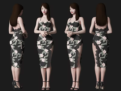 A Woman in Floral Black Dress with Side Slit from Multiple Angles Wearing High Heels 3d model
