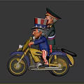 Cartoon Characters On Yellow Tricycle Motorcycle With Military Uniform And American Flag Hat