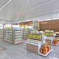 Specialty Store Interior With Green Tree Shelves And Products Display Area