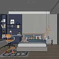 Kids Room Interior Design With Bed Desk Chair Bookshelf Toys And Pendant Lights On Rug