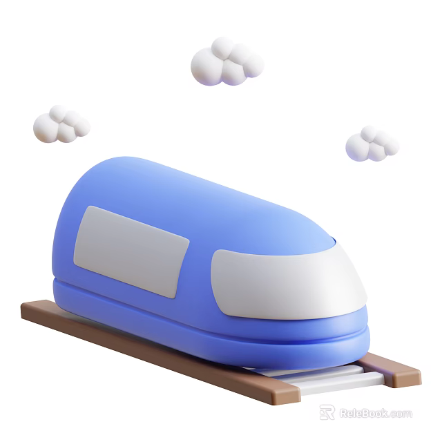 Blue Cartoon Toy Train on Brown Track with White Clouds Around 3d model