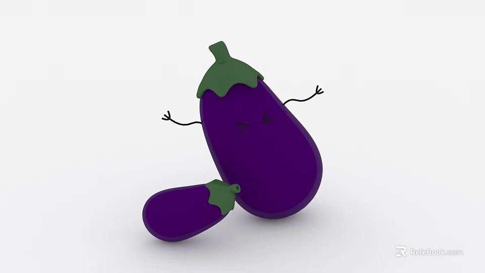 Cute Purple Eggplant Dolls With Green Stems Smiling Faces And Arms 3d model 