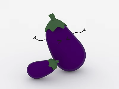 Cute Purple Eggplant Dolls With Green Stems Smiling Faces And Arms 3d model
