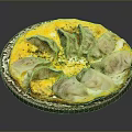 Pan Fried Dumplings With Crispy Egg Base And Fresh Herbs On Decorative Plate