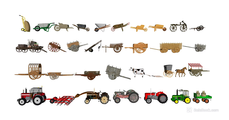 Collection of Traditional and Modern Farming Transport Tools Including Carts Wagons and Tractors 3d model 