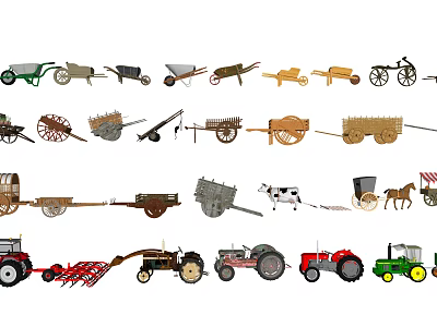 Collection of Traditional and Modern Farming Transport Tools Including Carts Wagons and Tractors 3d model