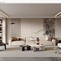 Modern Living Room Interior With Beige Sofa Black Armchair Coffee Tables And Floor Lamp