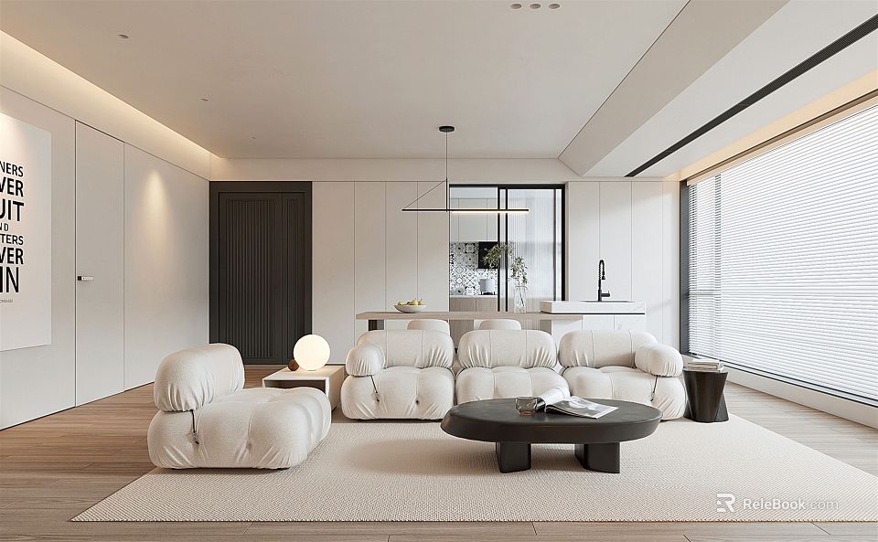 Modern Living Dining Room Interior Design With Open Layout White Sofa And Coffee Table 3d model 