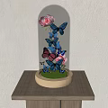 Ornamental Decoration Set with Glass Dome Pink Flowers Blue Pink Butterflies Green Grass Wooden Base