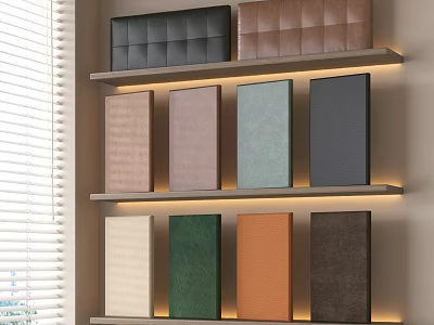 Upholstered Panels Of Various Colors Displayed On Lit Interior Shelves 3d model