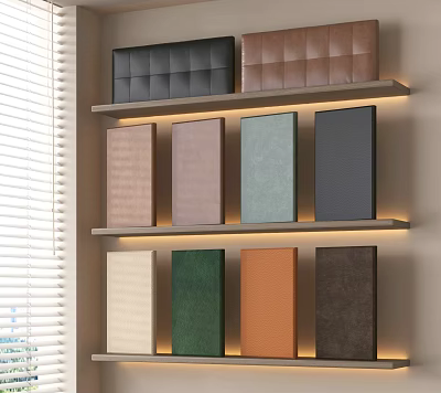 Upholstered Panels Of Various Colors Displayed On Lit Interior Shelves 3d model