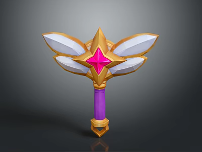 Fantasy Golden Weapon With Purple Handle Pink Star Gem And White Wing Structure 3d model