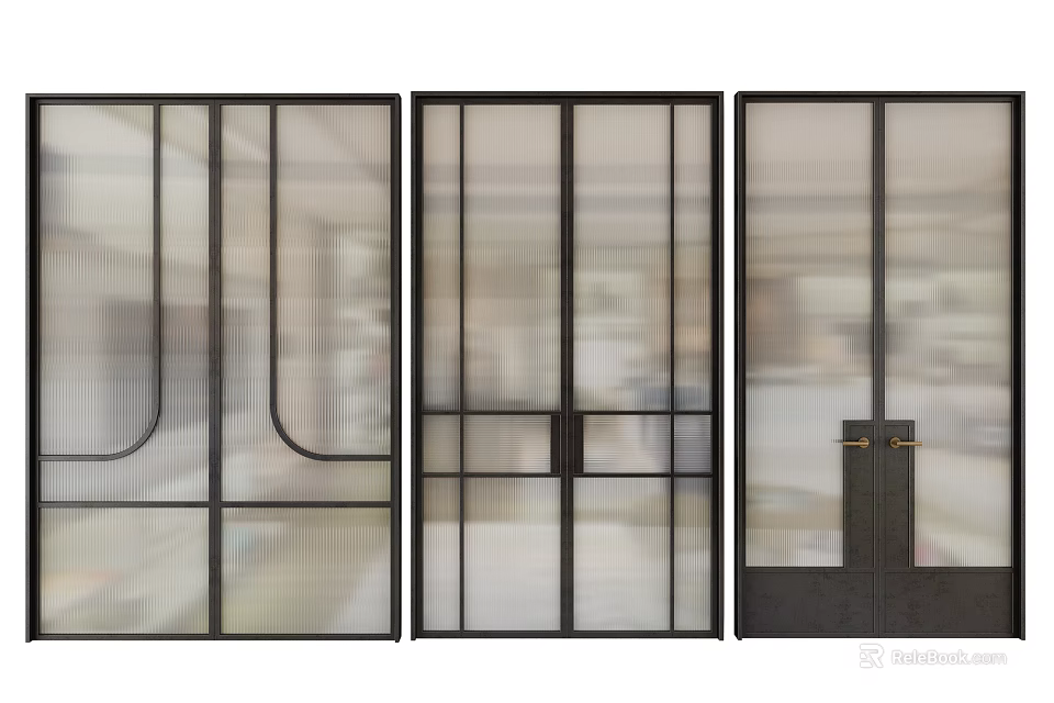 Modern Glass Doors With Black Frames And Unique Designs For Interior Partition 3d model 