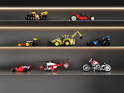 Toy Vehicle and Helicopter Models Displayed on Shelves with Racing Cars Construction Vehicles and Motorcycles 3d model