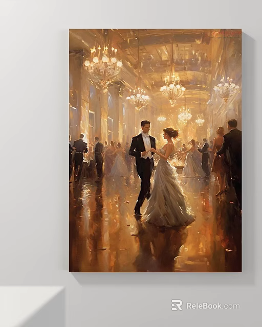 Elegant Formal Event Figure Painting Depicting Dancing Couple With Chandeliers And People Around 3d model 