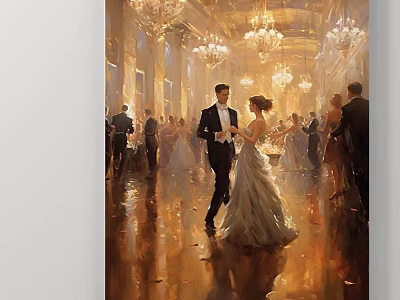 Elegant Formal Event Figure Painting Depicting Dancing Couple With Chandeliers And People Around 3d model