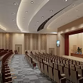 Modern Conference Room Interior With Large Screen Seats Carpet And Ceiling Lights
