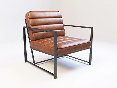 Modern Single Sofa With Brown Leather Upholstery And Black Metal Frame 3d model