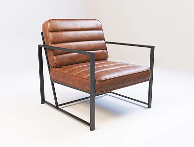 Modern Single Sofa With Brown Leather Upholstery And Black Metal Frame 3d model