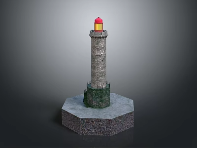 Stone Lighthouse Architecture With Red Yellow Top And Hexagonal Base Green Fence 3d model