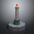Stone Lighthouse Architecture With Red Yellow Top And Hexagonal Base Green Fence