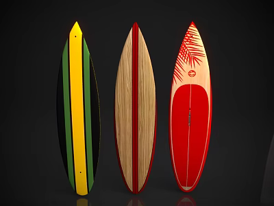 Colorful Surfboards For Water Sports Fitness With Stripes Wooden Texture And Palm Leaf Patterns 3d model