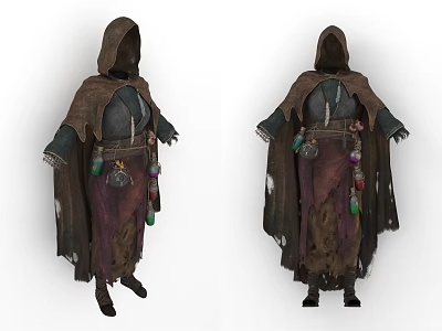 Hooded Mysterious Characters In Tattered Cloaks With Hanging Pouches And Bottles 3d model