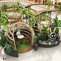 Public Chairs In Mall Rest Area With Green Plants And Rabbit Sculpture