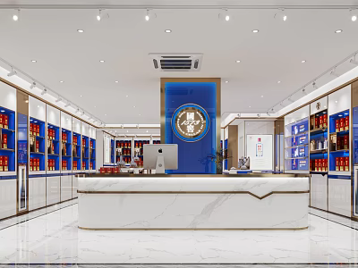 Spacious Specialty Store Interior With Shelves Displayed Products And Counter 3d model