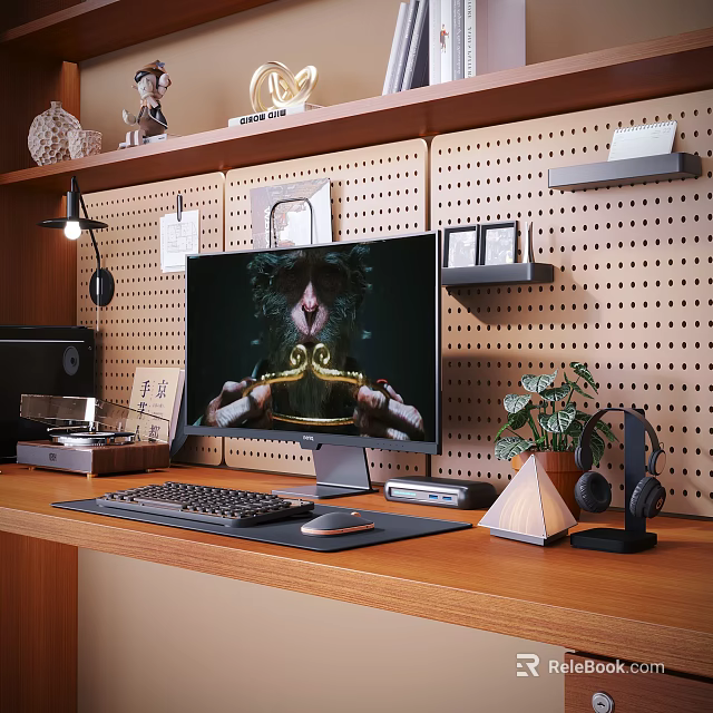 Functional Pegboard Wall Decor with Shelves Photo Frames and Small Items in Modern Workspace 3d model 