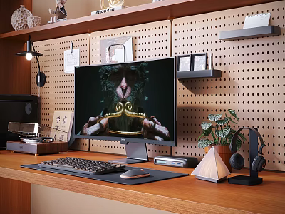 Functional Pegboard Wall Decor with Shelves Photo Frames and Small Items in Modern Workspace 3d model