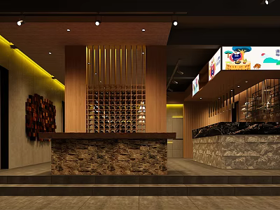 Modern Restaurant Interior With Wooden Reception Stone Counter Wine Rack And Warm Lighting 3d model