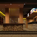 Modern Restaurant Interior With Wooden Reception Stone Counter Wine Rack And Warm Lighting