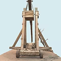 Ancient Wooden Catapult War Weapon With Wheels And Stone Projectiles For Medieval Battles