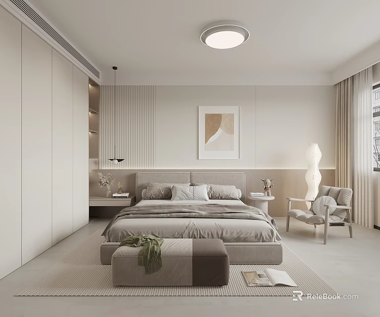 Modern Minimalist Bedroom Interior With Neutral Tones Large Bed And Wall Art 3d model 