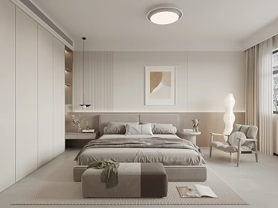 Modern Minimalist Bedroom Interior With Neutral Tones Large Bed And Wall Art 3d model