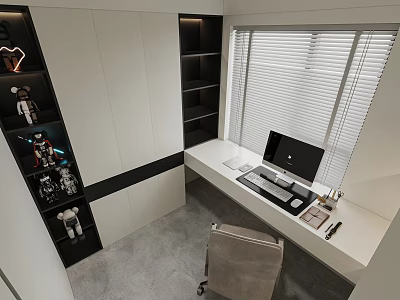 Modern Minimalist Study Room Interior With White Desk Computer Chair And Bookshelf Blinds 3d model