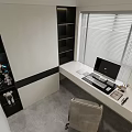 Modern Minimalist Study Room Interior With White Desk Computer Chair And Bookshelf Blinds