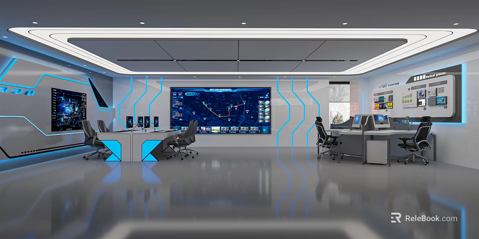 Modern Control Room Interior Featuring Large Monitoring Screens Control Desks And Blue Lighting 3d model 