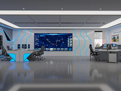 Modern Control Room Interior Featuring Large Monitoring Screens Control Desks And Blue Lighting 3d model