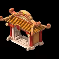 Chinese Traditional Gateway Structure With Curved Eaves Yellow Tiled Roof And Red Pillars