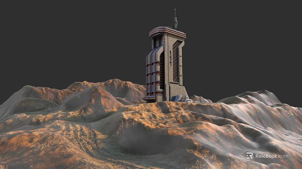 Garden Landscape With Tower Structure On Hills Surrounded By Rolling Mountains And Dark Sky 3d model 