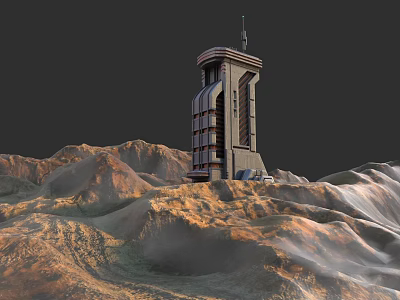 Garden Landscape With Tower Structure On Hills Surrounded By Rolling Mountains And Dark Sky 3d model