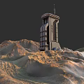 Garden Landscape With Tower Structure On Hills Surrounded By Rolling Mountains And Dark Sky