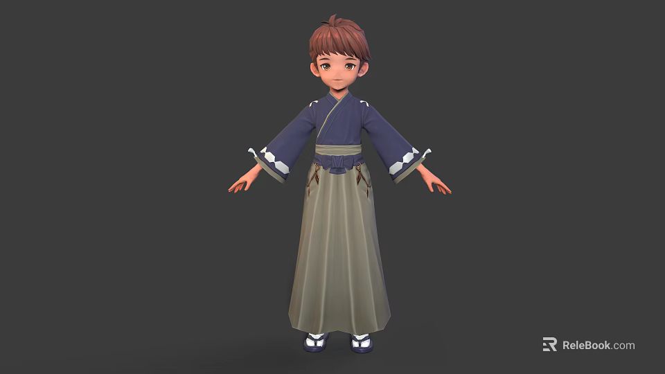 3D Traditional Clothing Boy Character With Brown Hair Blue Top Gray Skirt And White Cuffs 3d model 