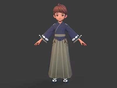 3D Traditional Clothing Boy Character With Brown Hair Blue Top Gray Skirt And White Cuffs 3d model