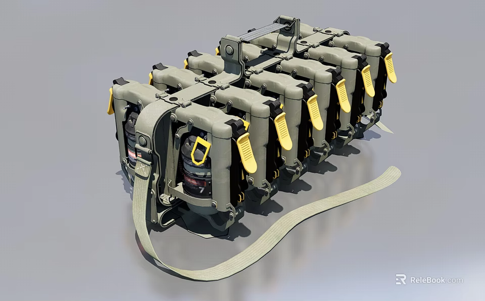 Multiple Weapon Units Arranged in Array Tied with Straps Gray Body and Yellow Components 3d model 